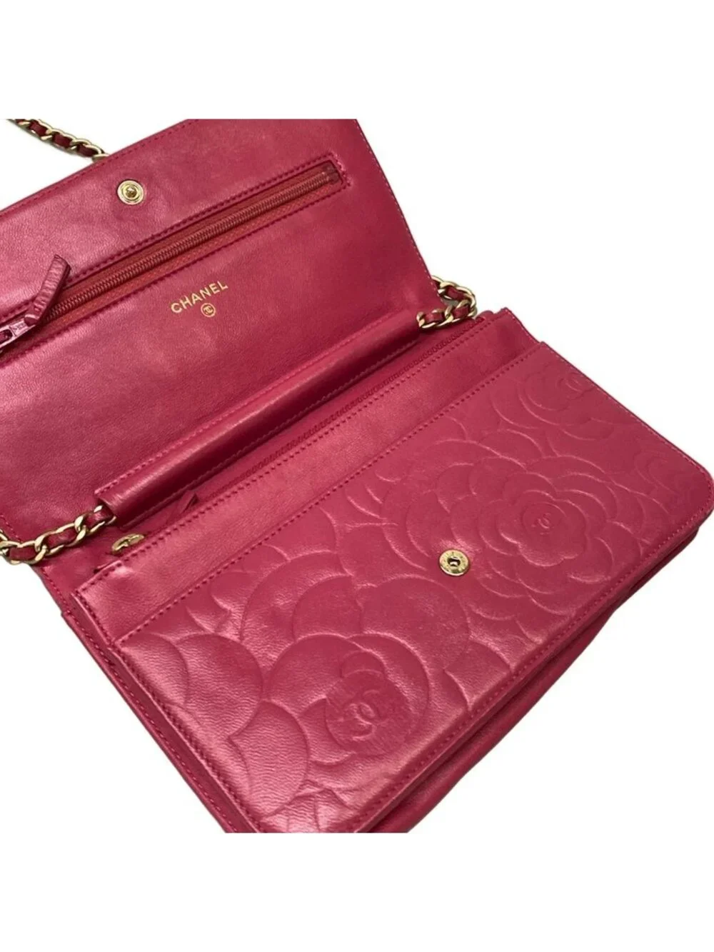 Chanel Wallet Camellia Pink Chain Matte Gold Lambskin Shoulder Bag